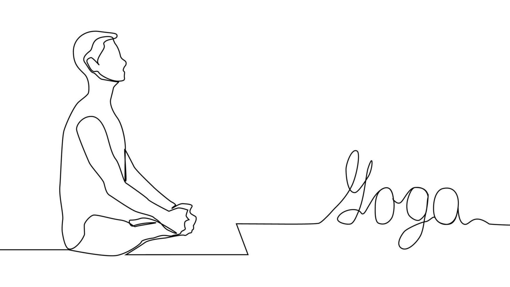 Yoga, woman, man practices yoga while sitting in the lotus position. Continuous line drawing vector