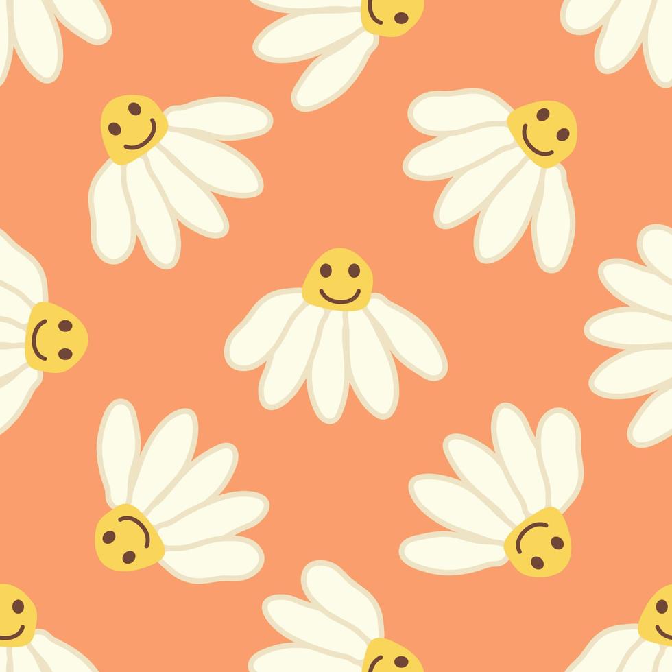 Chamomile smile 1970 pattern. Groovy daisy retro seamless pattern vector