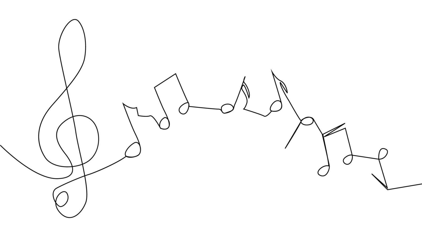 A treble clef and notes are drawn by a single black line on a white background. Continuous line drawing. illustration. vector