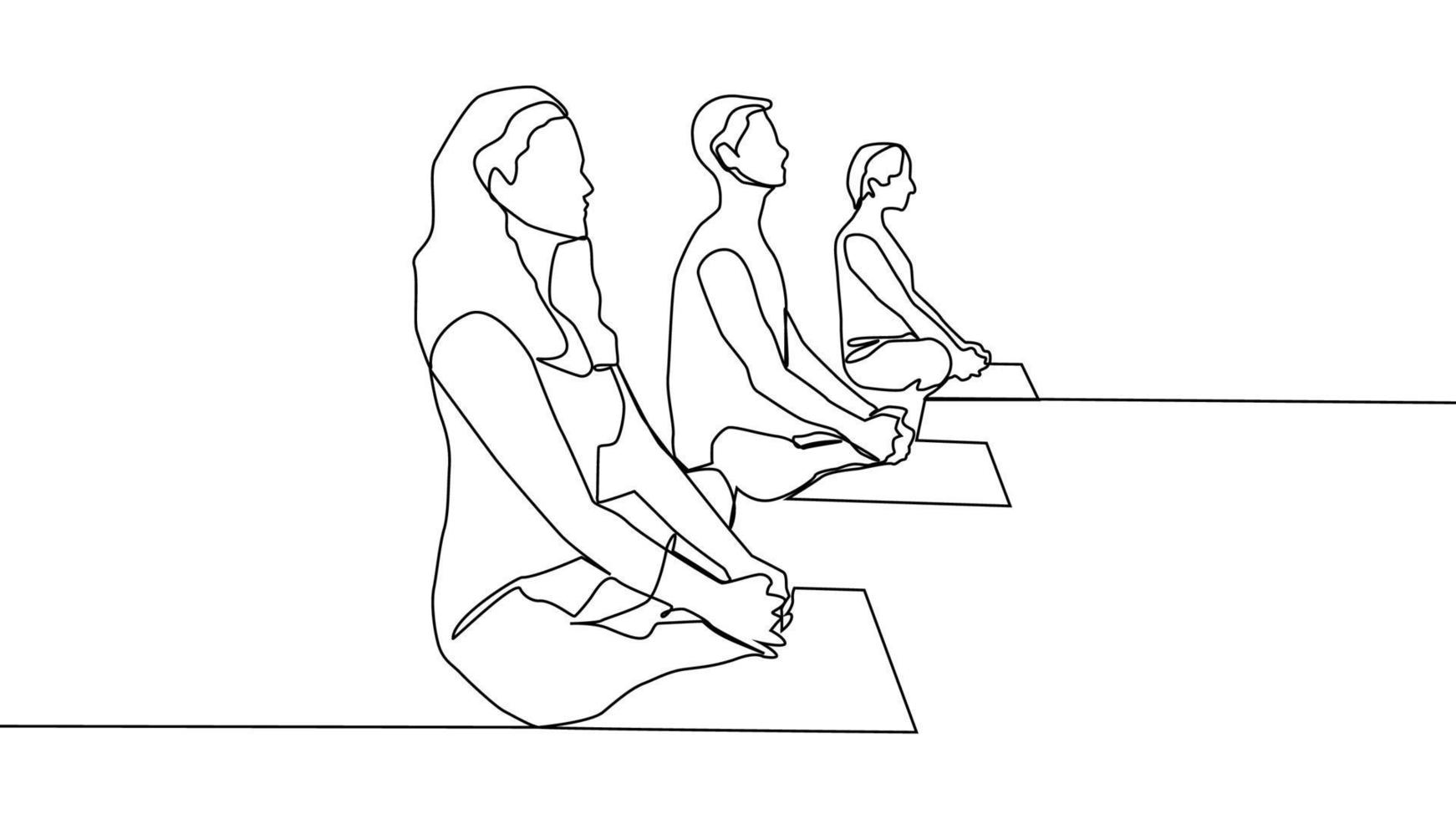 Yoga, woman, man practices yoga while sitting in the lotus position. Continuous line drawing vector