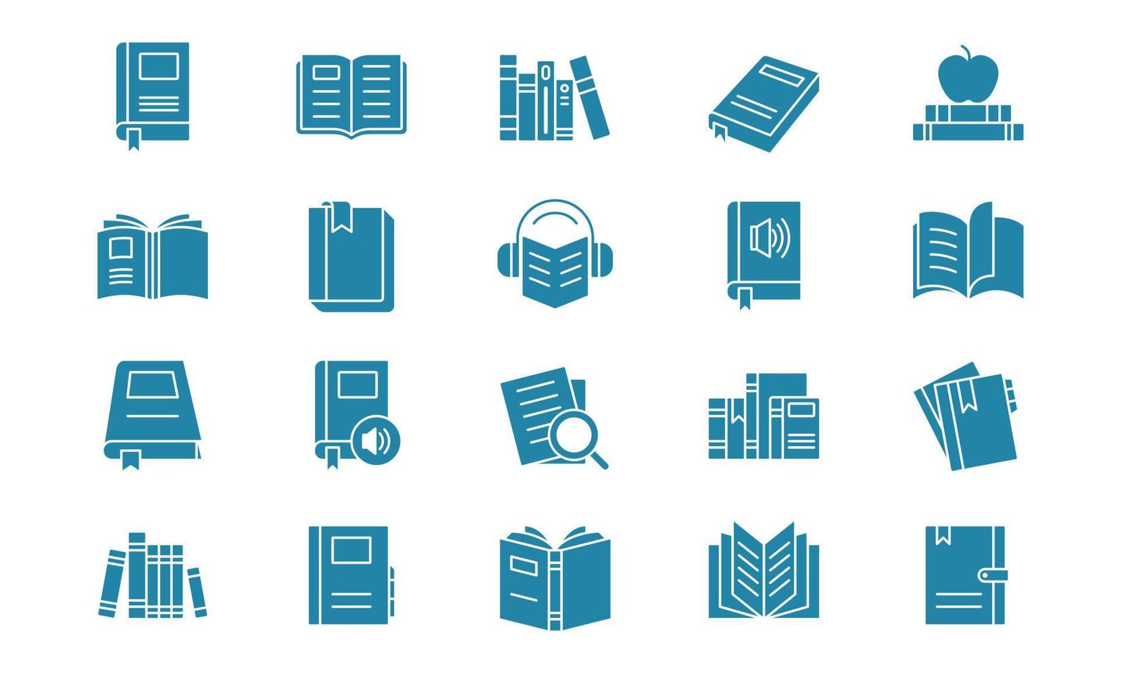 paquete de iconos de libros y literatura en estilo glifo. adecuado para el elemento de diseño de la aplicación educativa, el libro electrónico y el símbolo del programa de literatura de aprendizaje de audiolibros. vector