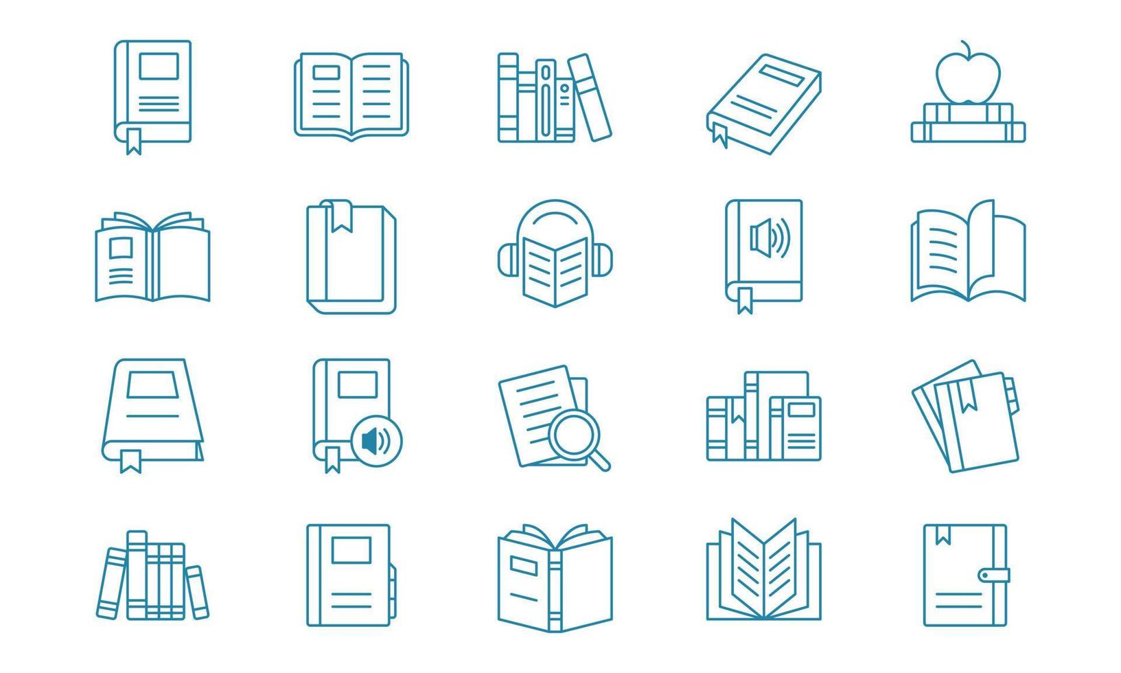 Book and literature icon set in outlined style. Suitable for design element of education and science ebook, literature and textbook symbol, and learning program app icon collection. vector