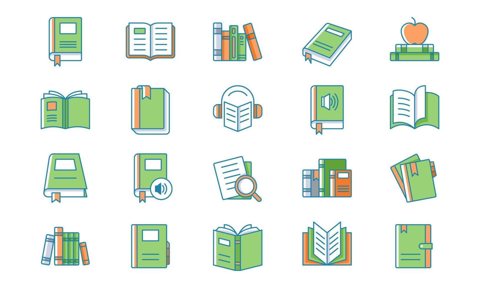 Book and literature icon set in fill outlined style. Suitable for design element of education, science, and learning app symbol. vector