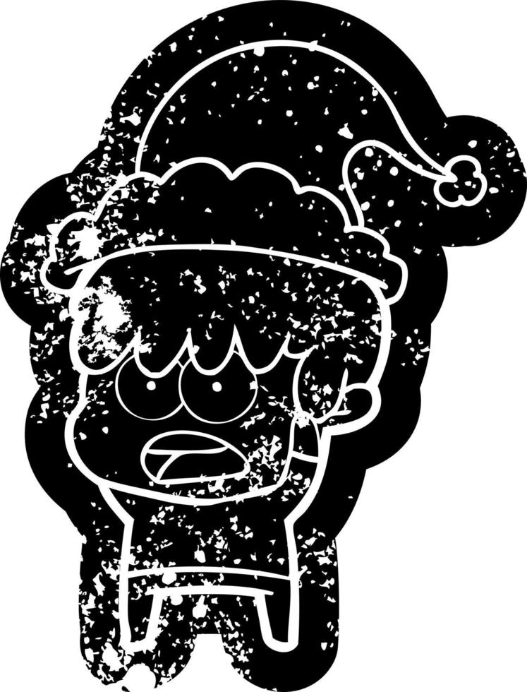 worried cartoon distressed icon of a boy wearing santa hat vector