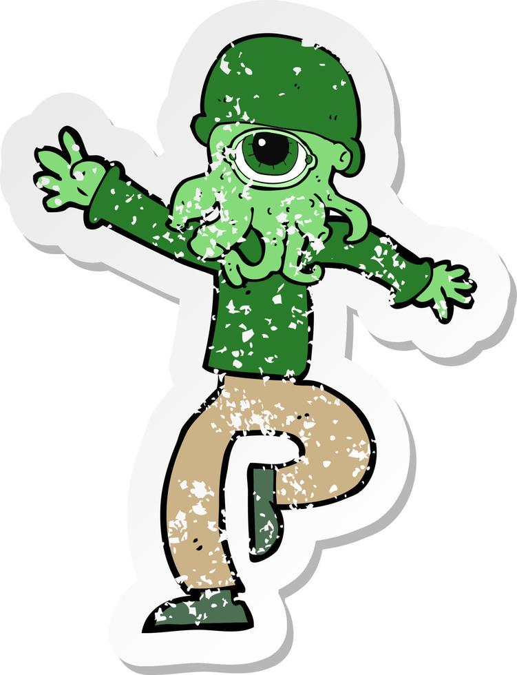 retro distressed sticker of a cartoon alien monster man vector