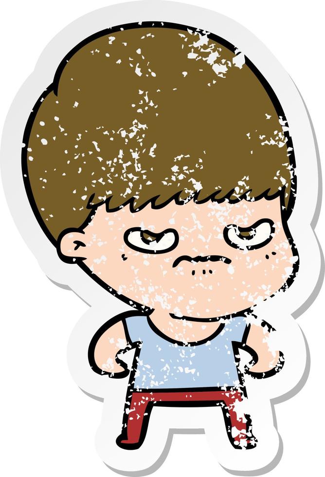distressed sticker of a annoyed cartoon boy vector