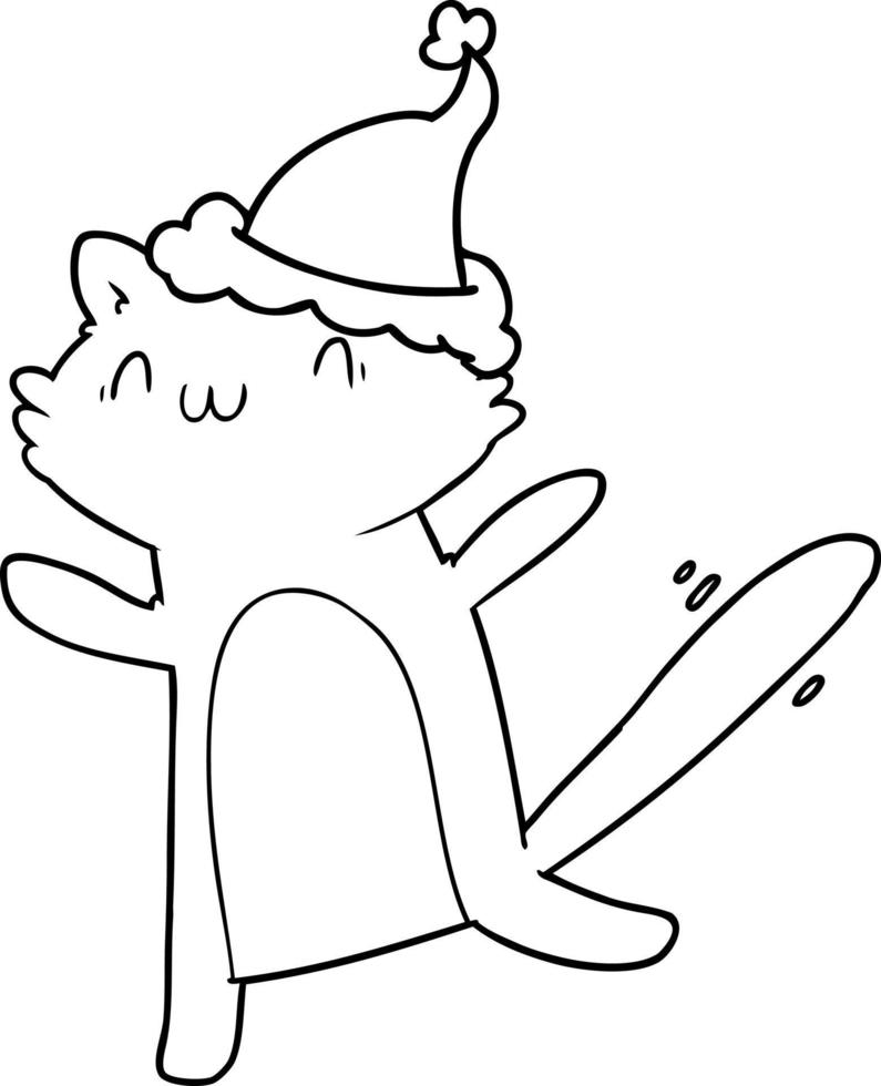 line drawing of a dancing cat wearing santa hat vector