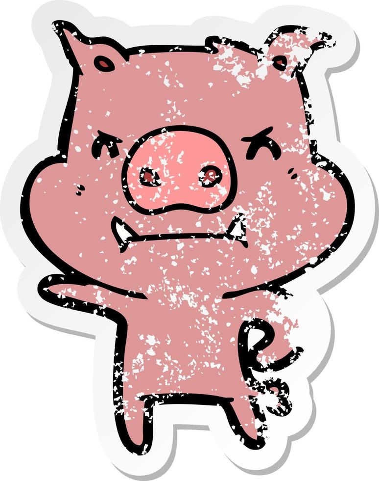 distressed sticker of a angry cartoon pig vector