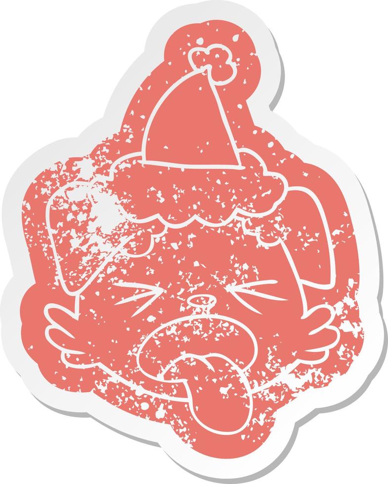 cartoon distressed sticker of a dog face wearing santa hat vector