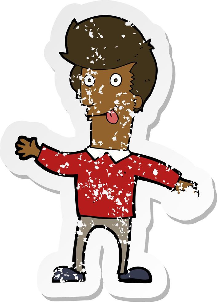 retro distressed sticker of a cartoon man sticking out tongue vector