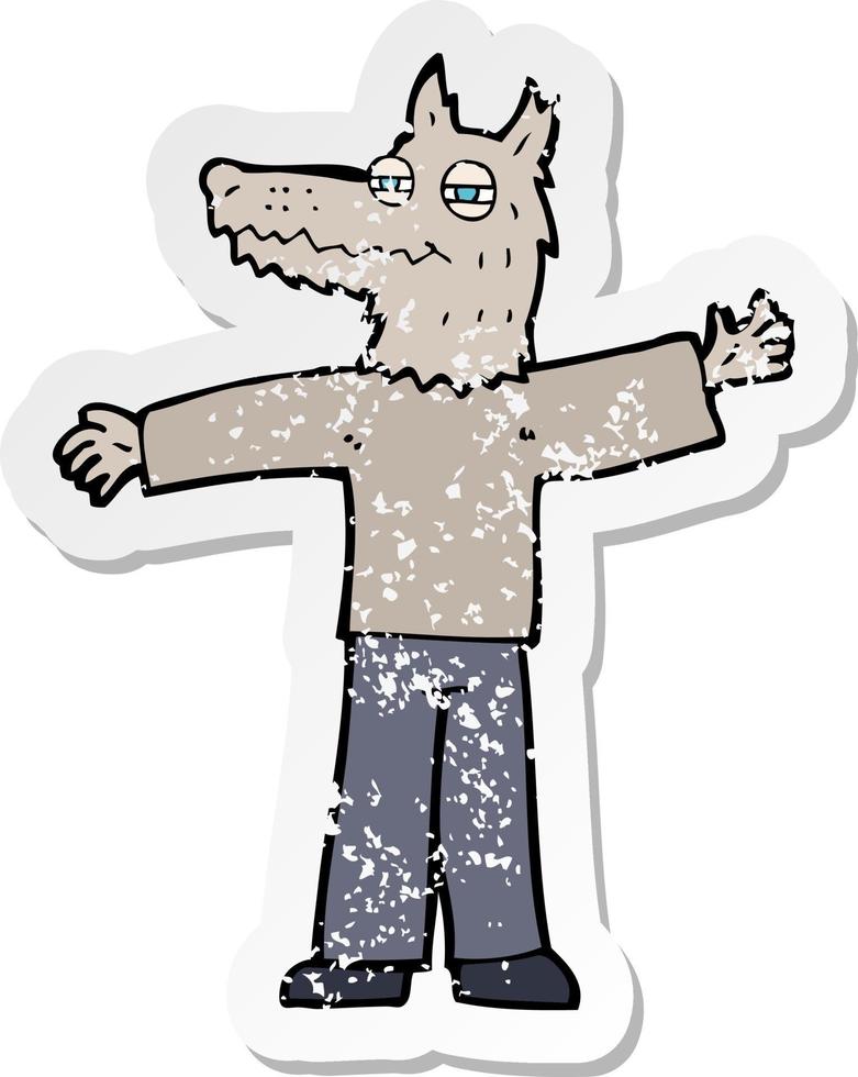 retro distressed sticker of a cartoon happy wolf man vector