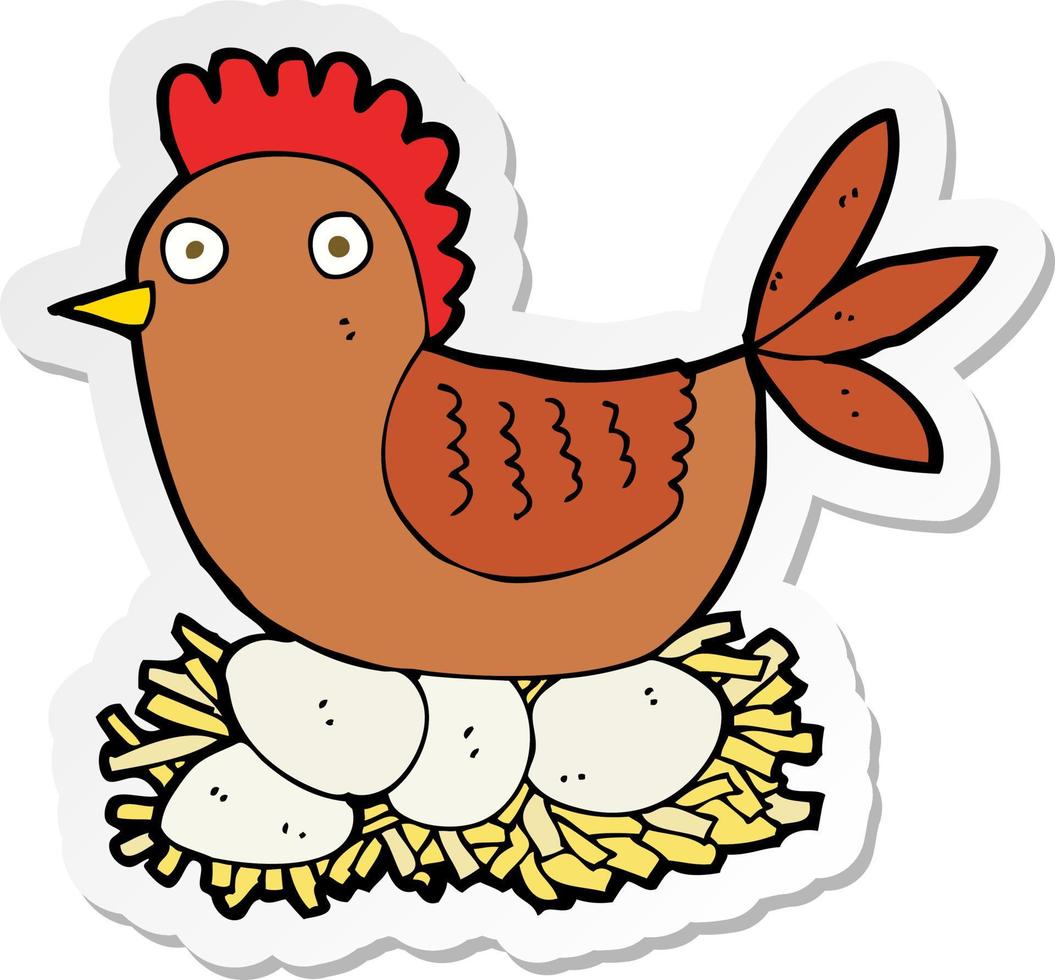 sticker of a cartoon hen on eggs vector