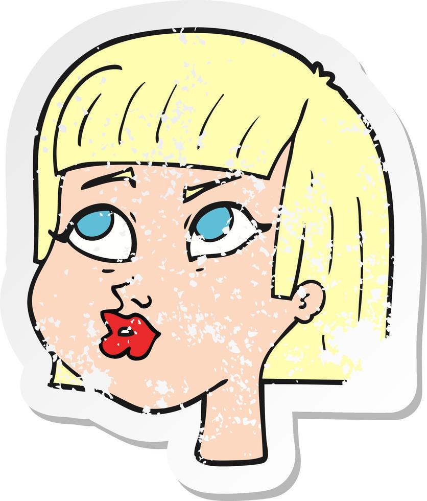 retro distressed sticker of a cartoon female face vector