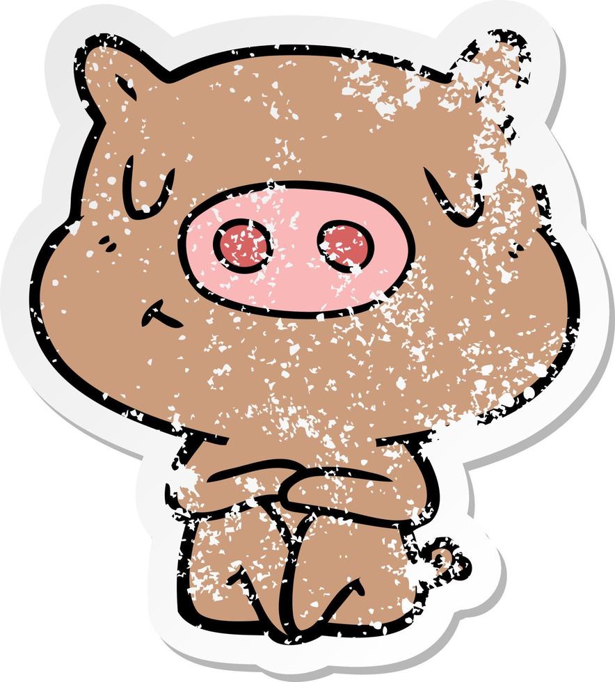 distressed sticker of a cartoon content pig meditating vector