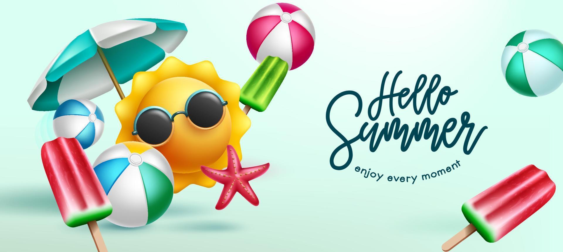 Summer holidays vector background design. Hello summer text in with sun emoji character and tropical season objects for enjoy holiday season vacation. Vector illustration.