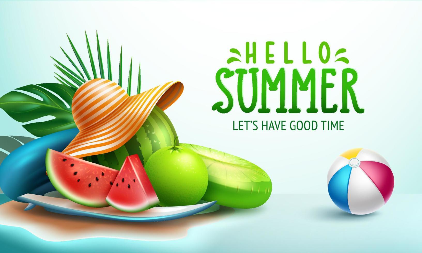 Summer greeting vector background design. Hello summer text in miniature island with tropical season elements of fruits and leaves for fun and relax holiday vacation. Vector illustration.