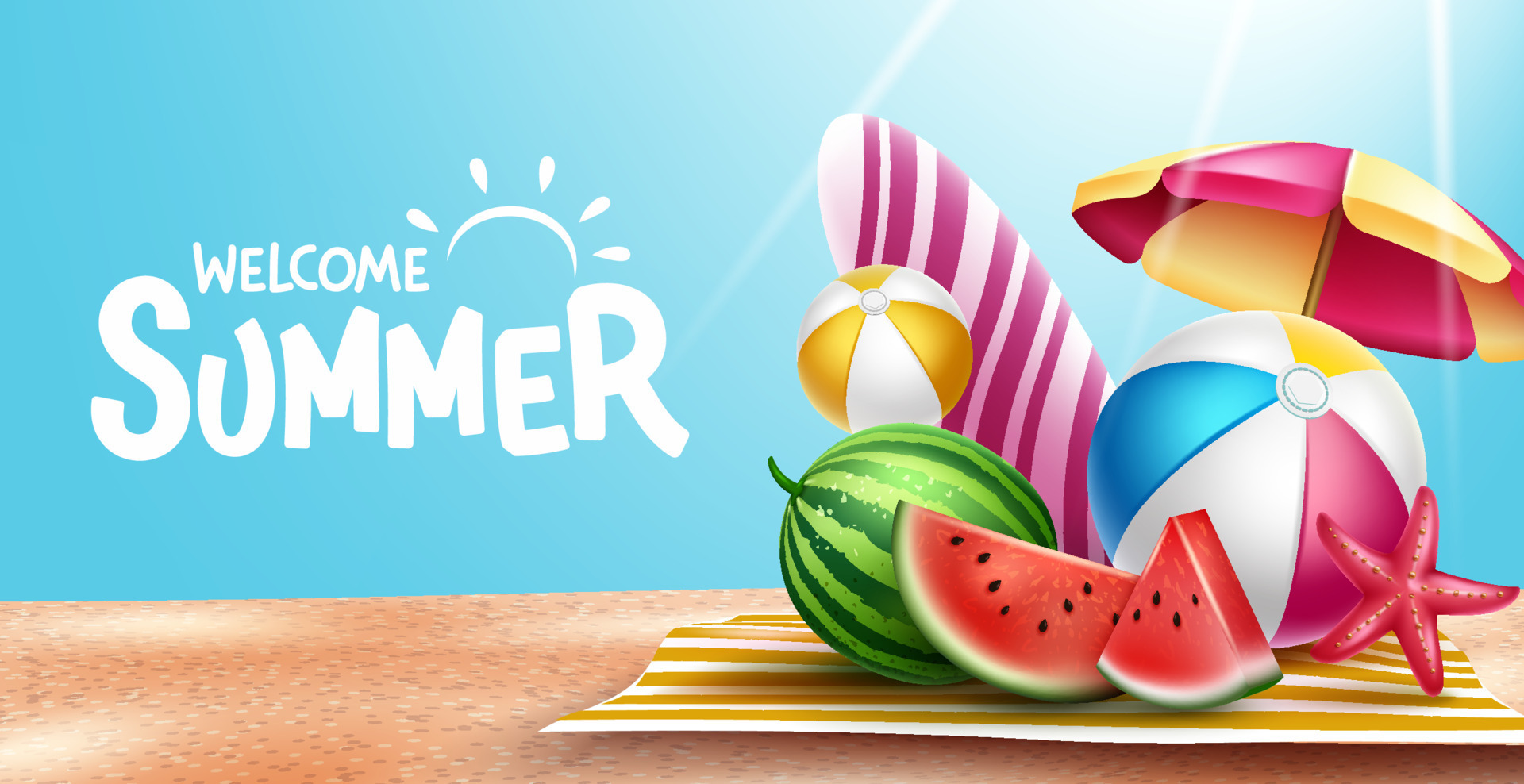 Summer greeting vector design. summer text in sand beach