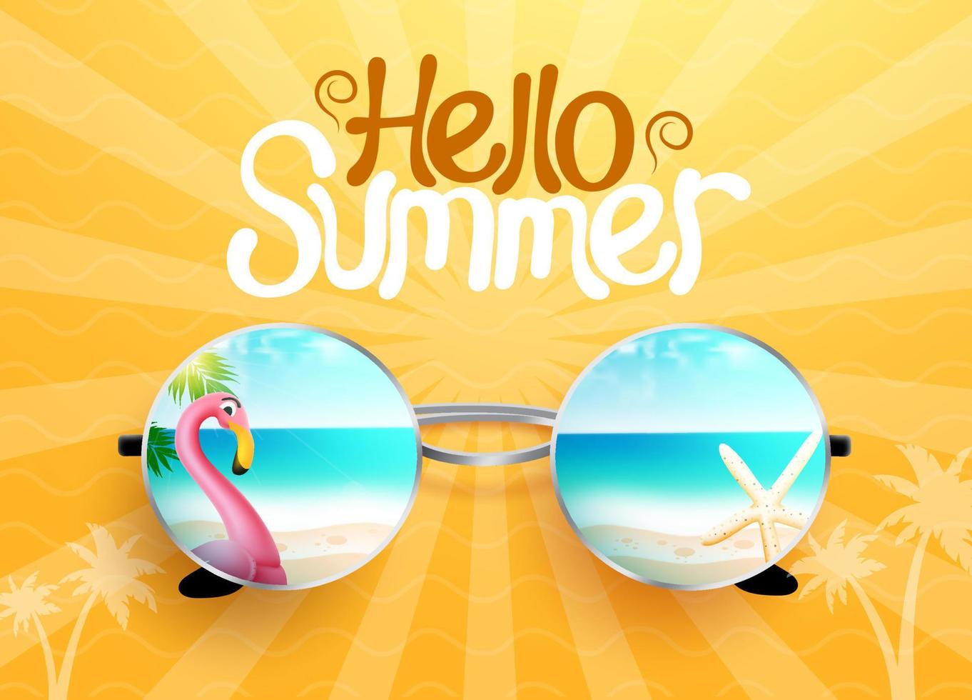 Summer holiday greeting vector design. Hello summer text in yellow pattern background with beach and flamingo in sunglasses reflection for tropical season greeting. Vector illustration.