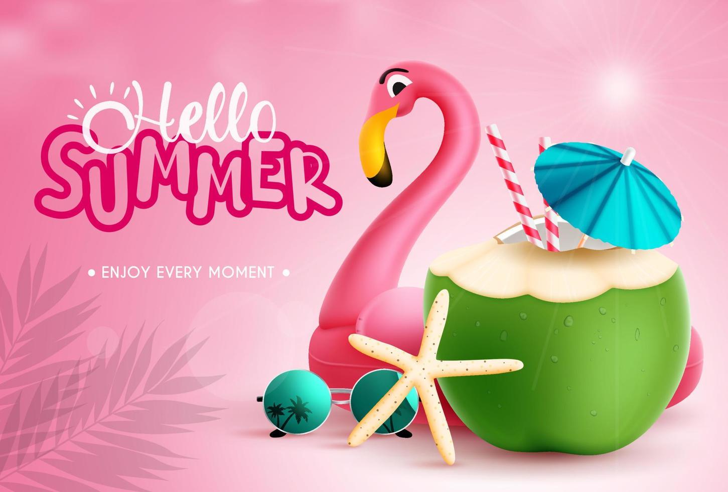 Summer vector background design. Hello summer text with tropical coconut fruit drink and flamingo floaters in pink outdoor design. Vector illustration.