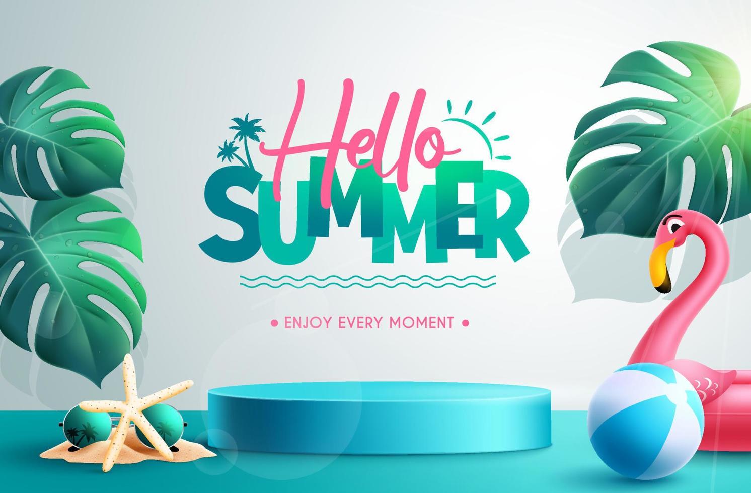 Summer ads vector background design. Hello summer greeting text with studio backdrop elements for photoshoot advertisement. Vector illustration.