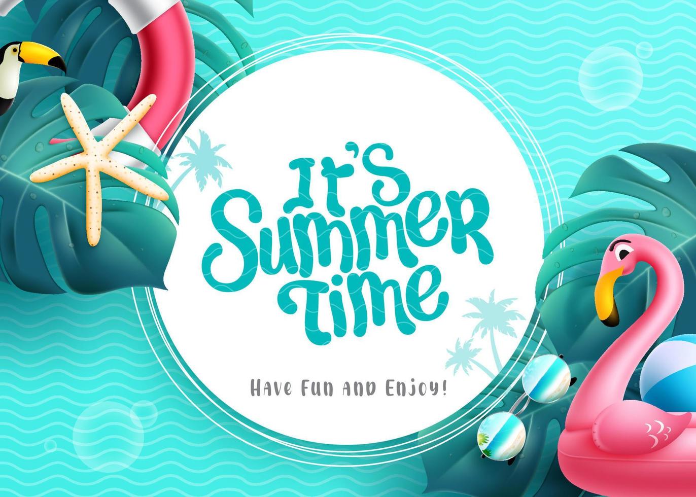 Summer time vector template design. It's summer time text in circle space with flamingo floater, leaves and sea background pattern for tropical season messages decoration. Vector illustration.