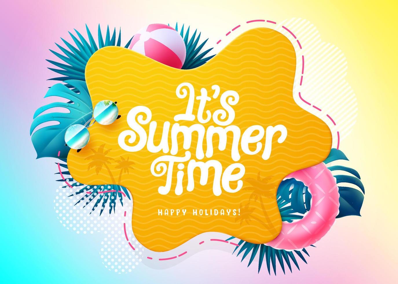 Summer time vector template design. It's summer time text in abstract foliage space with tropical elements of leaves for holiday season messages. Vector illustration.