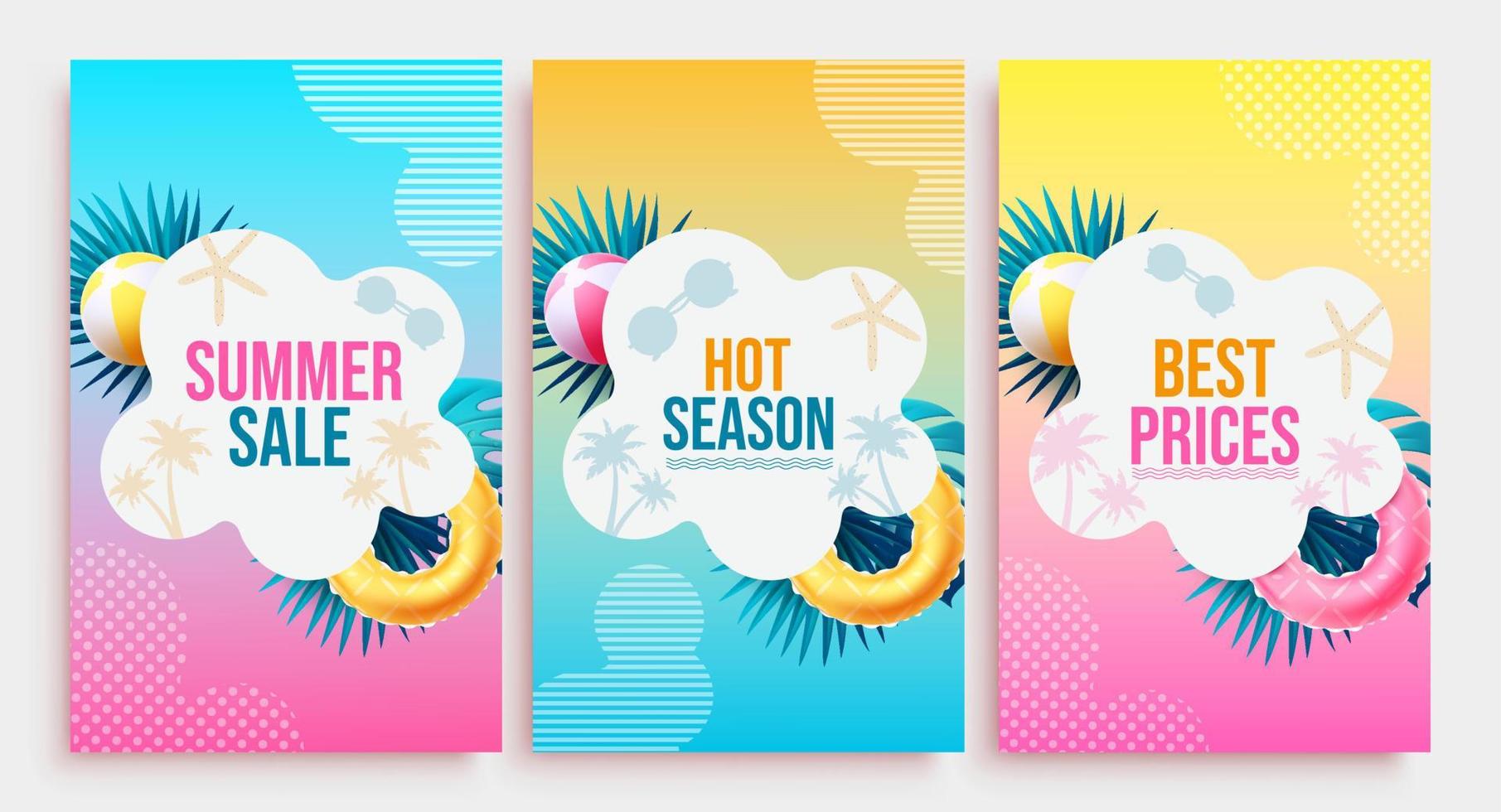 juego de carteles vectoriales de venta de verano. texto de venta de verano con la mejor oferta de descuento de precios en diseño de follaje para publicidad de promoción tropical de temporada calurosa. ilustración vectorial vector