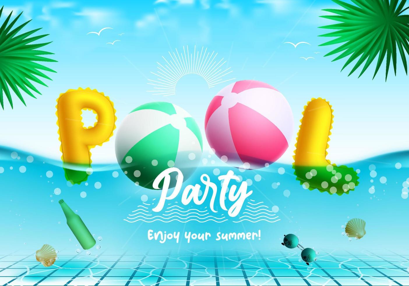 Summer party vector concept design. Pool party typography creative text with floating beach ball and inflatable letters in front view underwater. Vector illustration.