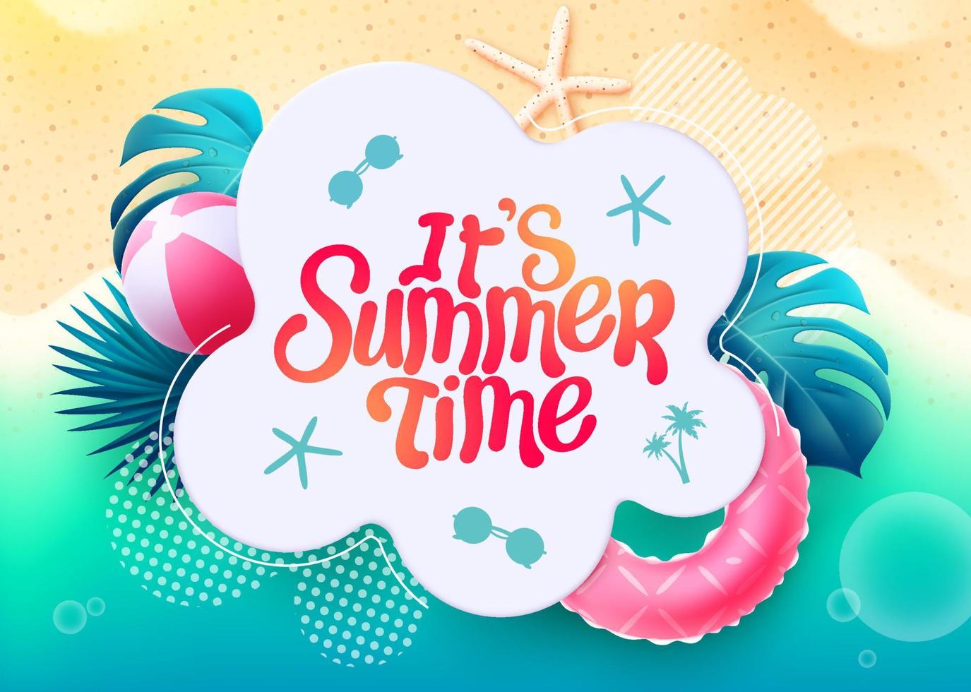 Summer beach vector template design. It's summer time text in white foliage space with leaves and seashore tropical elements for holiday season messages. Vector illustration.