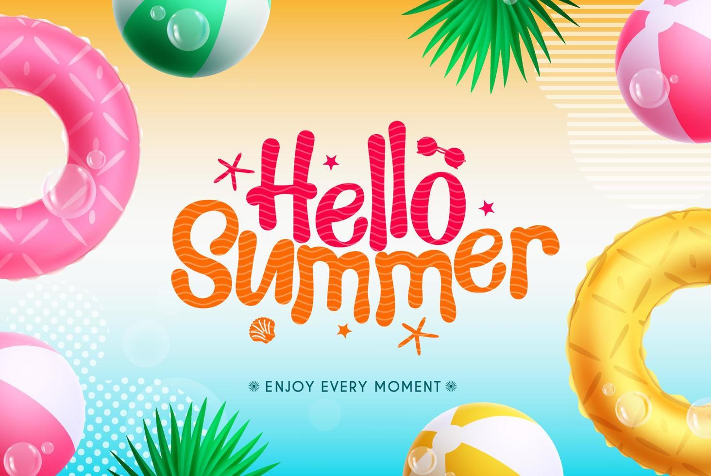 Summer vector background design. Hello summer text in colorful gradient background with floaters, beach ball and leaves elements for sunny tropical season. Vector illustration.