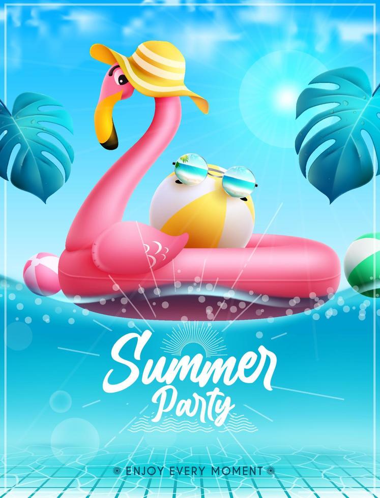 Summer party vector poster design. Summer party text in swimming pool background with flamingo floater and leaves for fun and enjoy tropical outdoor event. Vector illustration.