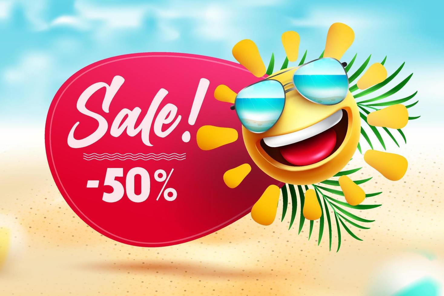 diseño de banner vectorial de venta de verano. texto de venta y emoji en el fondo de la playa con oferta de descuento de verano para viajes de temporada y anuncios de compras. ilustración vectorial vector