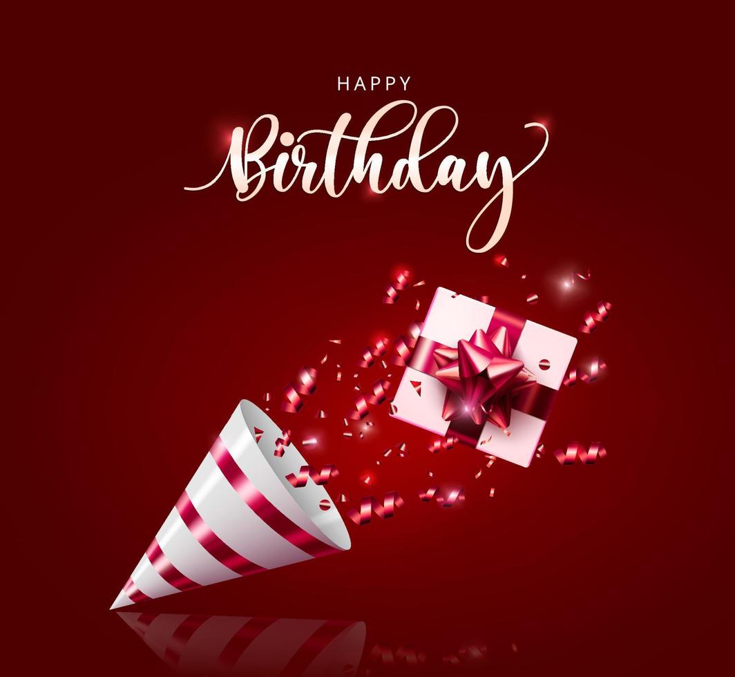 Happy birthday vector banner design. Happy birthday text in red elegant background with elements like gift, confetti and party hat for birth day celebration decoration. Vector illustration