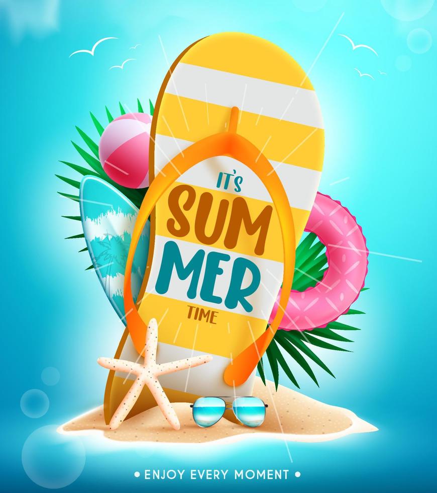 diseño de concepto de vector de verano. es texto de verano en flip flop gigante con objetos de temporada tropical de fondo de playa para la decoración navideña. ilustración vectorial