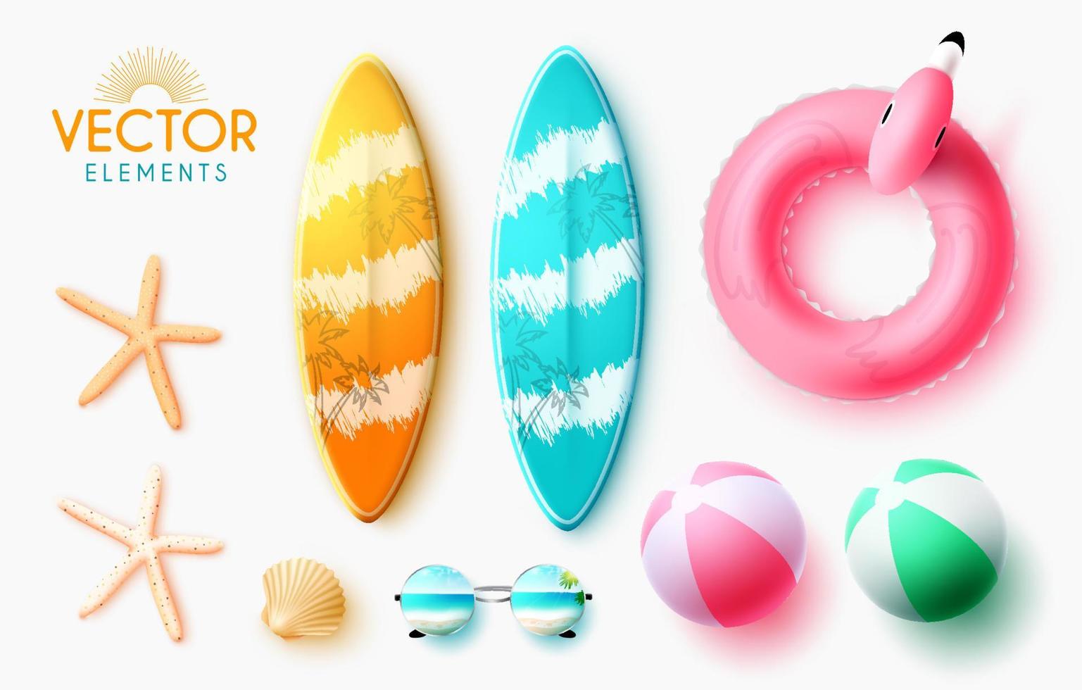 Summer elements vector set design. Summer 3d surfboards, beachball, floater and seashell element isolated in white background for tropical season collection. Vector illustration.