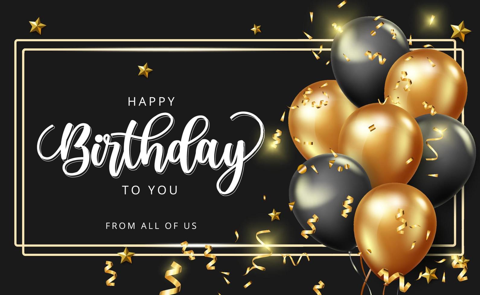 Happy birthday vector banner design. Happy birthday to you greeting text with golden balloons and confetti elements in elegant black background for celebrating birth day decoration.