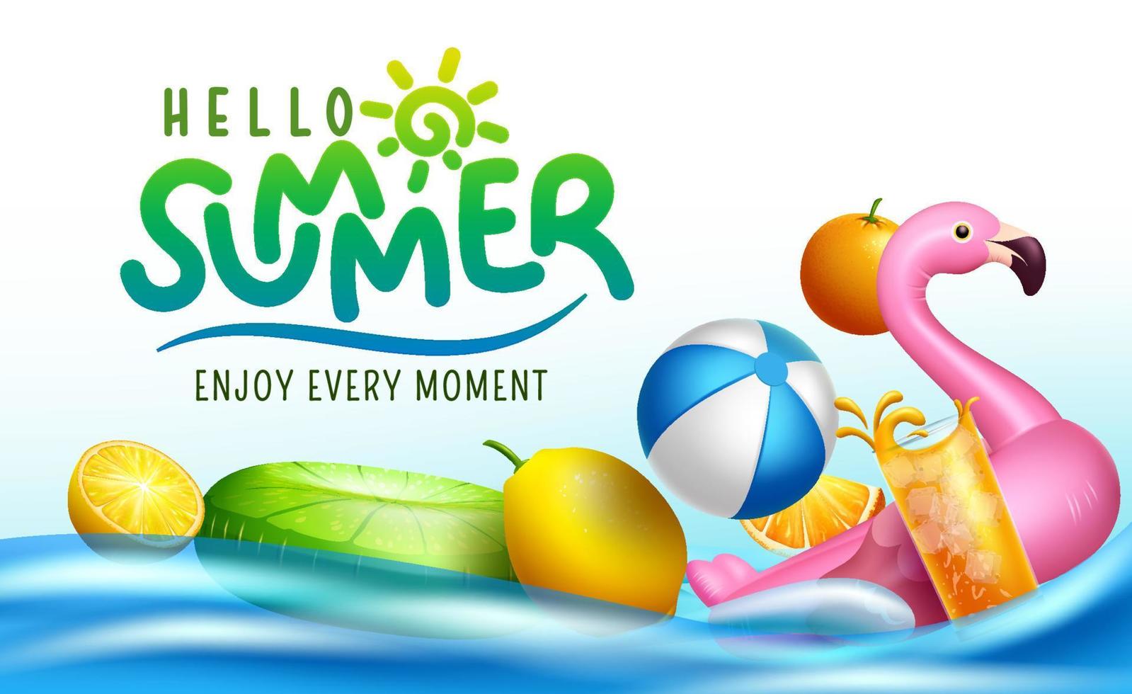 Summer holiday vector background design. Hello summer typography text in water float with floaters inflatable objects for relax tropical season swimming activity. Vector illustration.