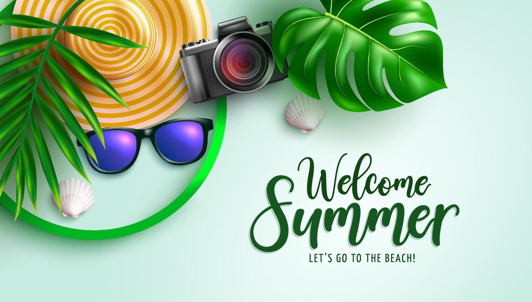 Summer vector background design. Welcome summer greeting text with plant leaves, camera and hat tropical elements for holiday season nature flat lay photography. Vector illustration.