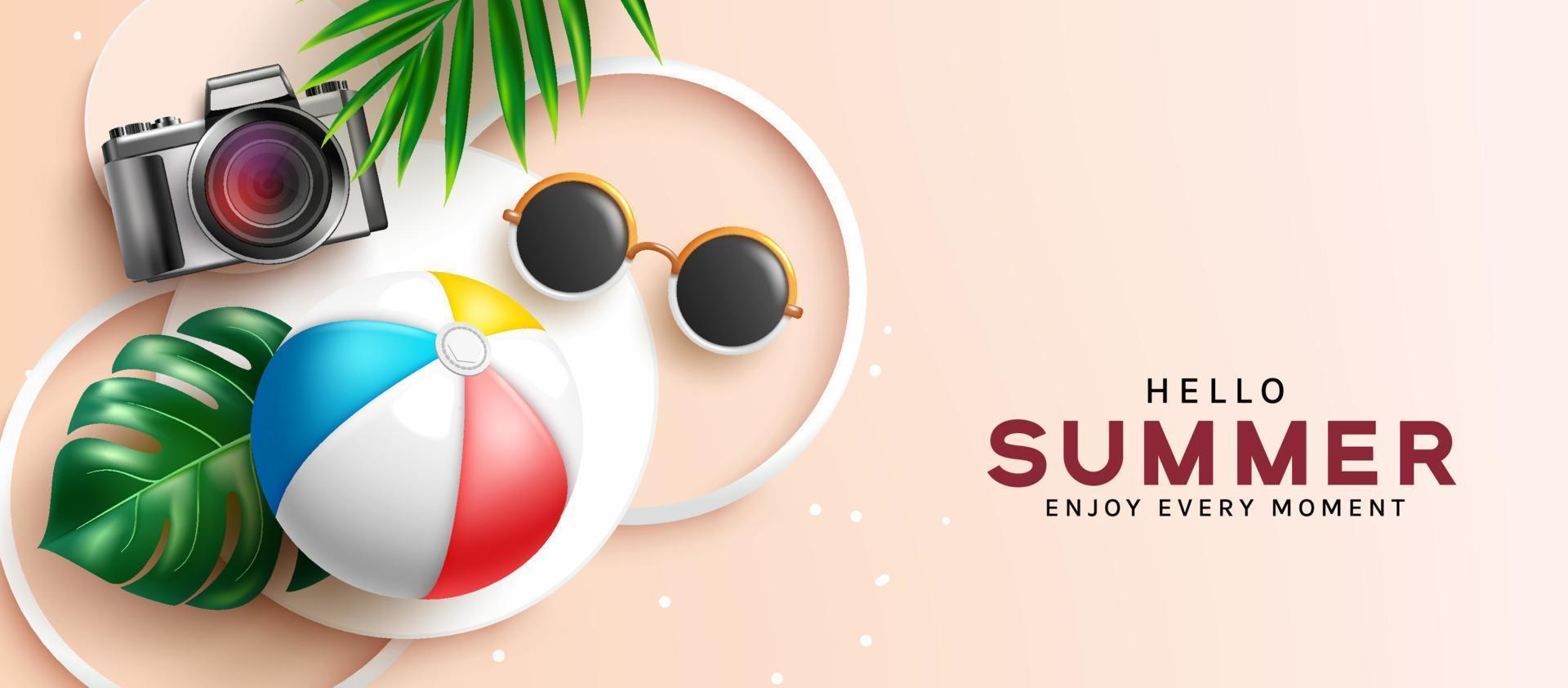 Hello summer vector background design. Hello summer text with beach ball, camera and sunglasses elements in minimalist space for flat lay photography. Vector illustration.