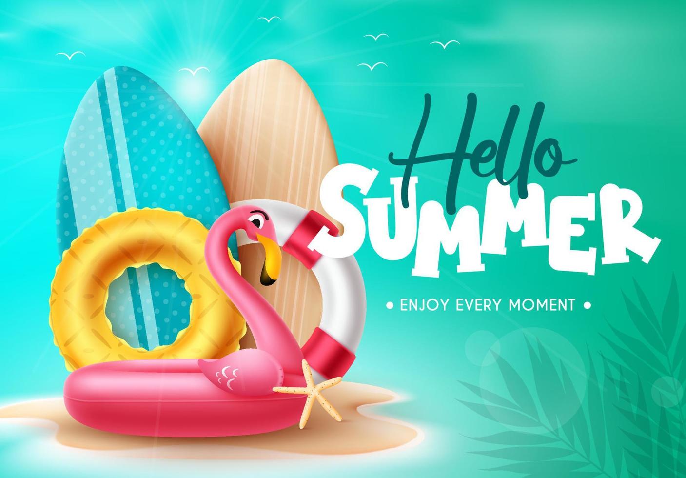 Summer vector background design. Hello summer text with flamingo floaters and surfboard beach elements in sand island. Vector illustration.