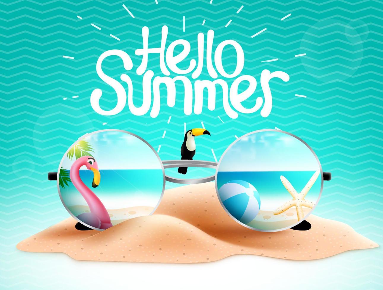 Summer holiday greeting vector design. Hello summer text with sunglasses reflection of beach and flamingo element in blue background for relax tropical season vacation. Vector illustration.