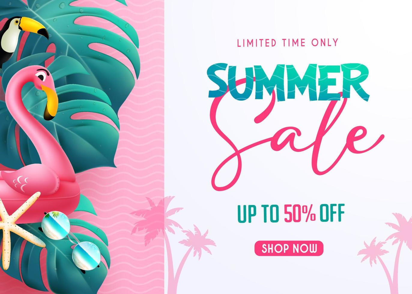 Summer sale vector banner design. Summer sale text discount promo in white template with flamingo and leaves element for seasonal shopping ads.