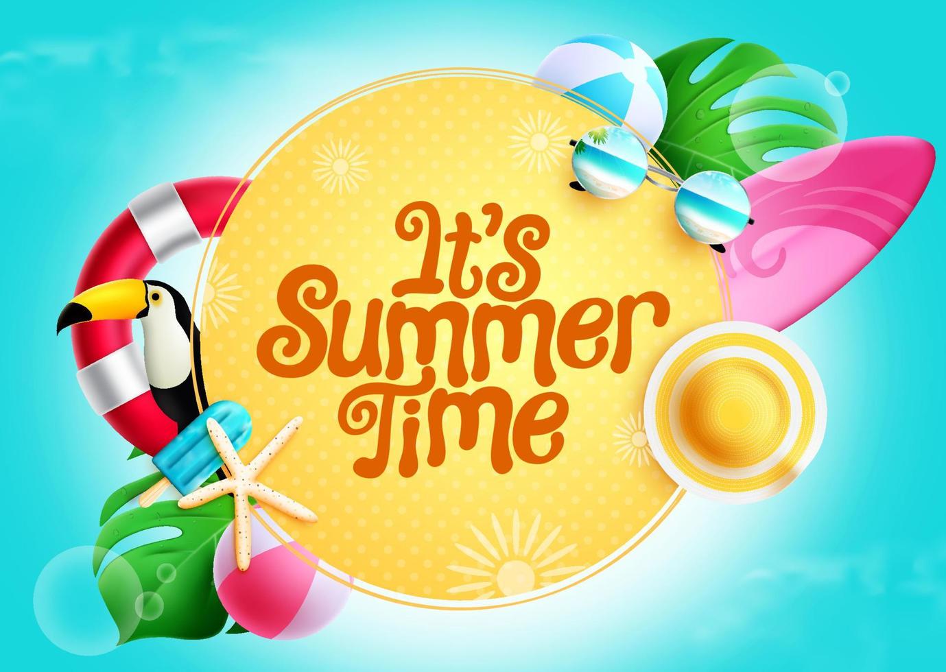 Summer time vector template design. It's summer time text in yellow circle space with 3d tropical season elements for vacation holiday messages. Vector illustration.