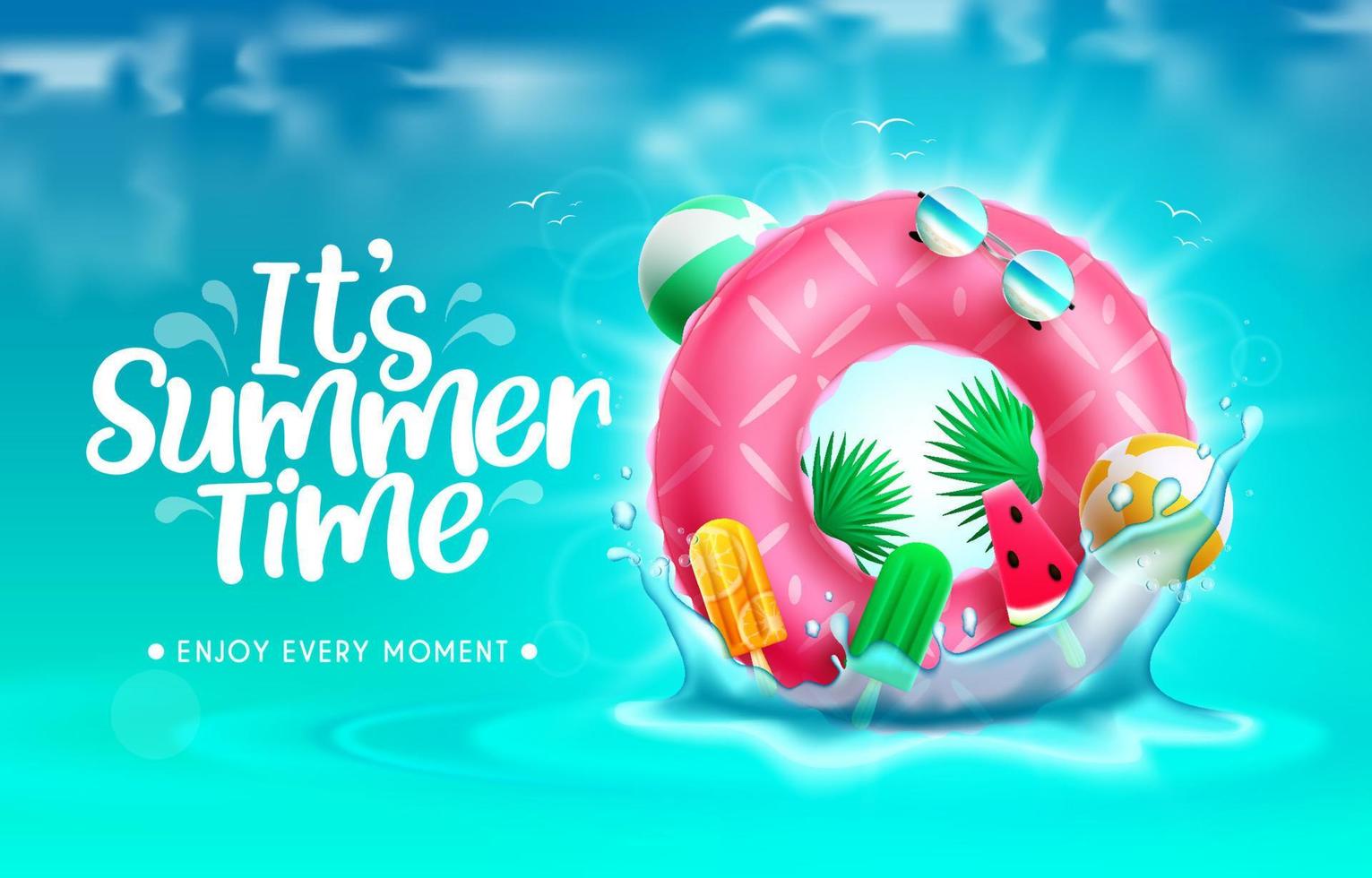 Summer time vector background design. It's summer time text in blue sky and sea water with floater element floating in splash for refreshing tropical season. Vector illustration.