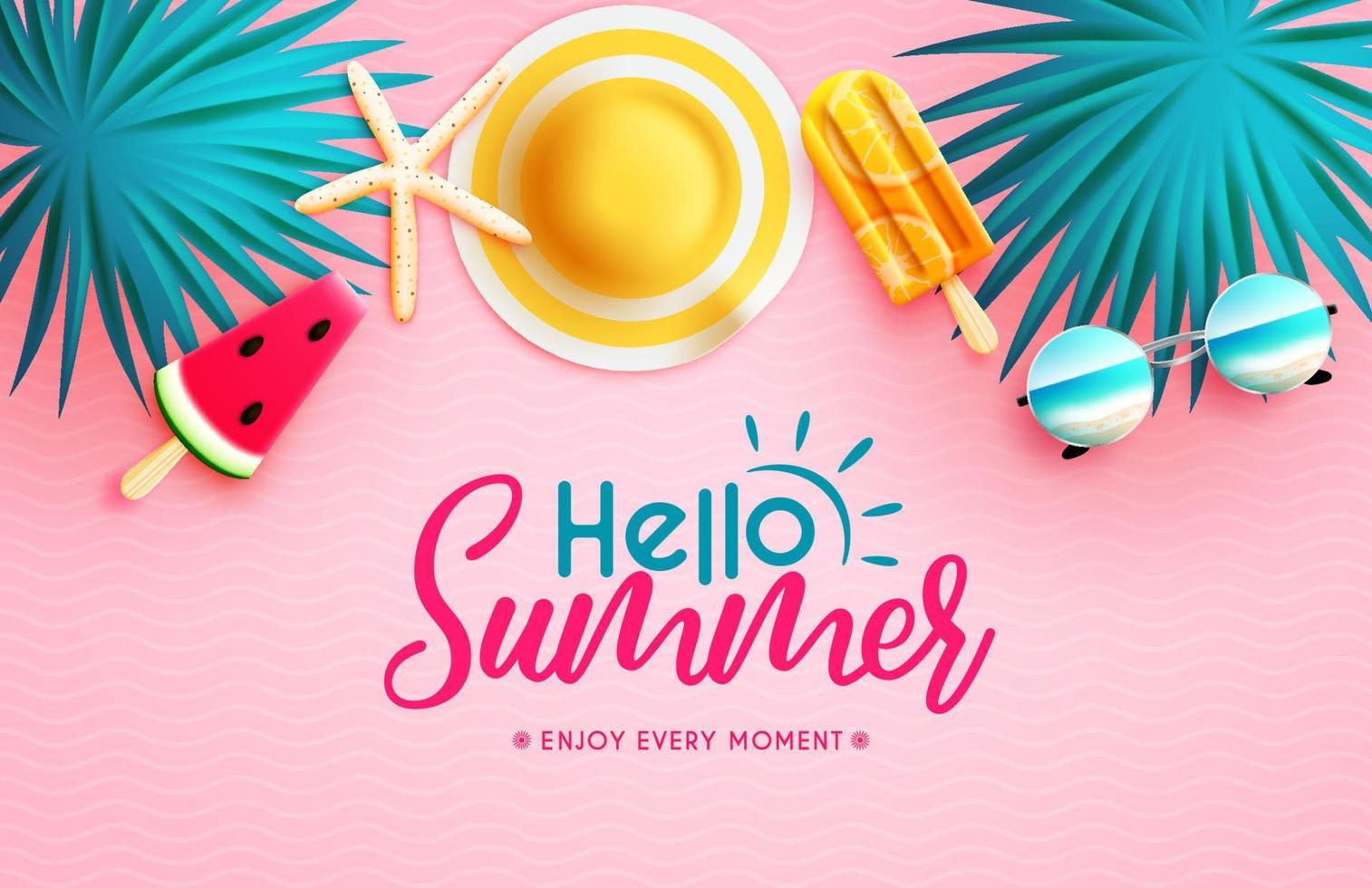 Summer vector background design. Hello summer greeting text with monstera leaves, popsicles and hat 3d elements for tropical hot season object decoration. Vector illustration.