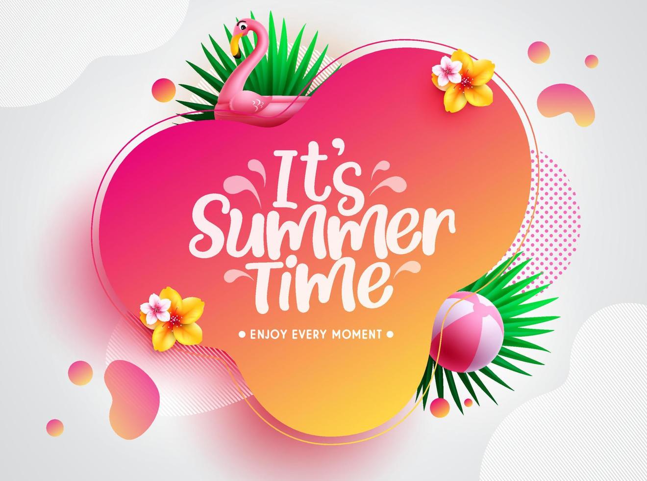 Summer time vector template design. It's summer time text in abstract space with foliage leaves, flamingo and beachball floaters for tropical holiday season. Vector illustration.