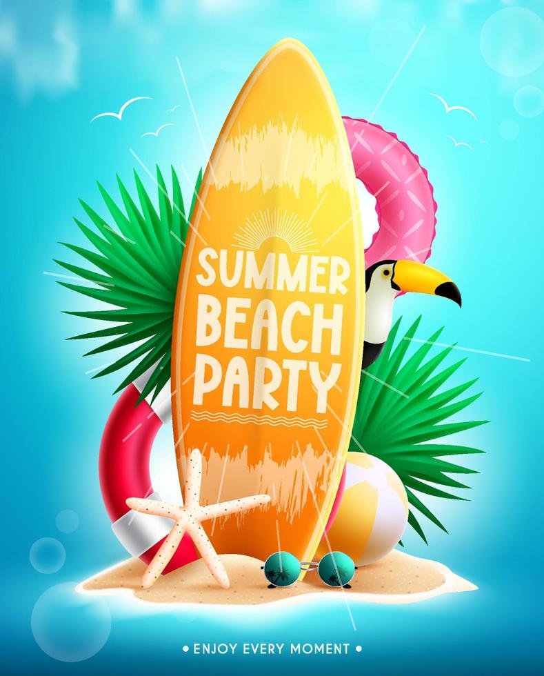 diseño de concepto de vector de playa de verano. texto de fiesta en la playa de verano en elemento de tabla de surf con flotadores, hojas e isla en miniatura para la decoración de vacaciones tropicales. ilustración vectorial