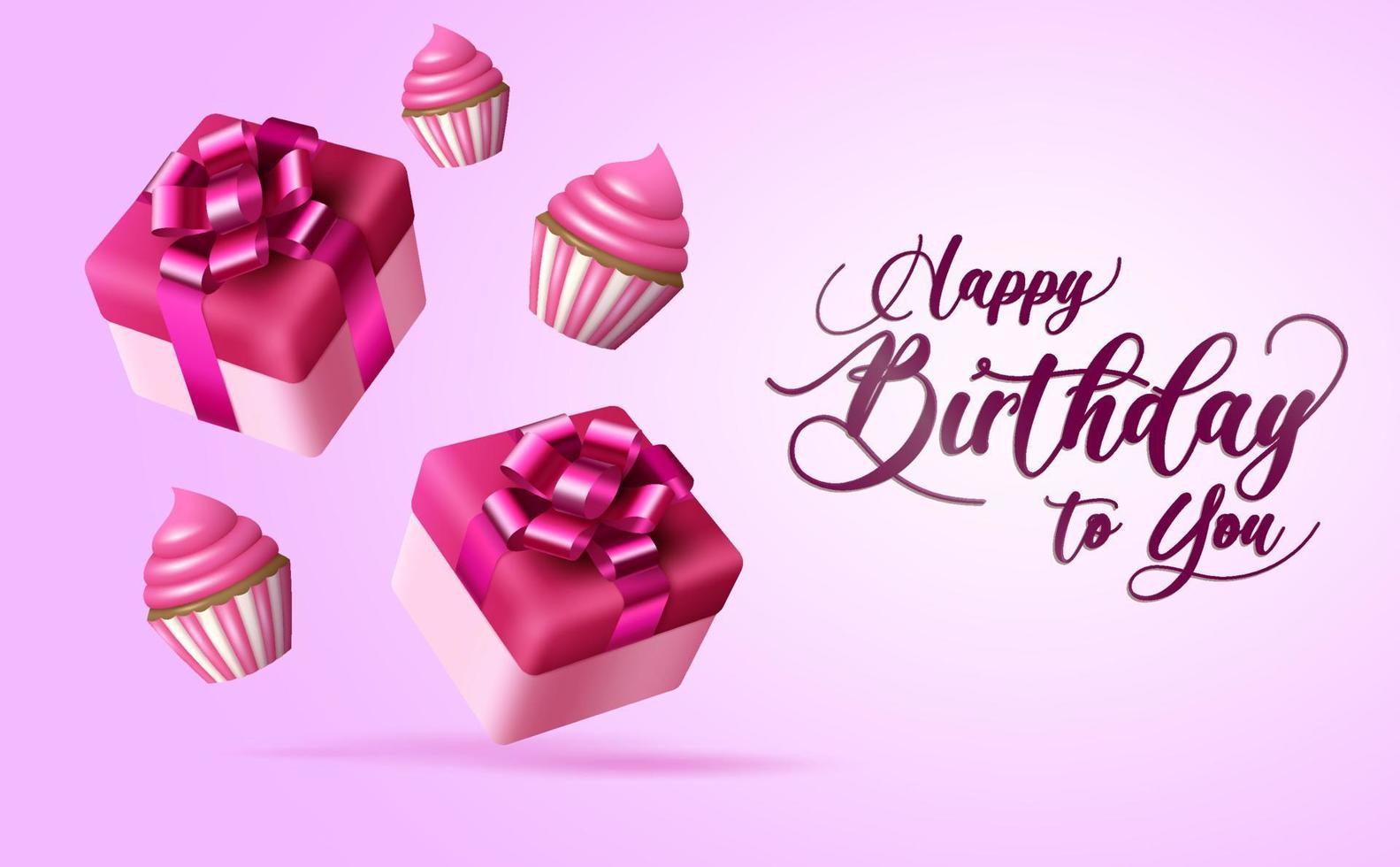 plantilla de banner vectorial de feliz cumpleaños. texto de feliz cumpleaños en fondo rosa con lindos regalos de cumpleaños y cupcakes elementos 3d para el diseño de tarjetas de felicitación de celebración. ilustración vectorial vector