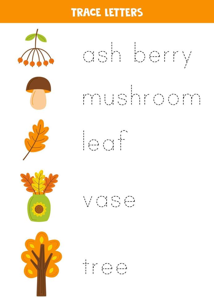 Tracing names of cute autumn elements. Writing practice. vector