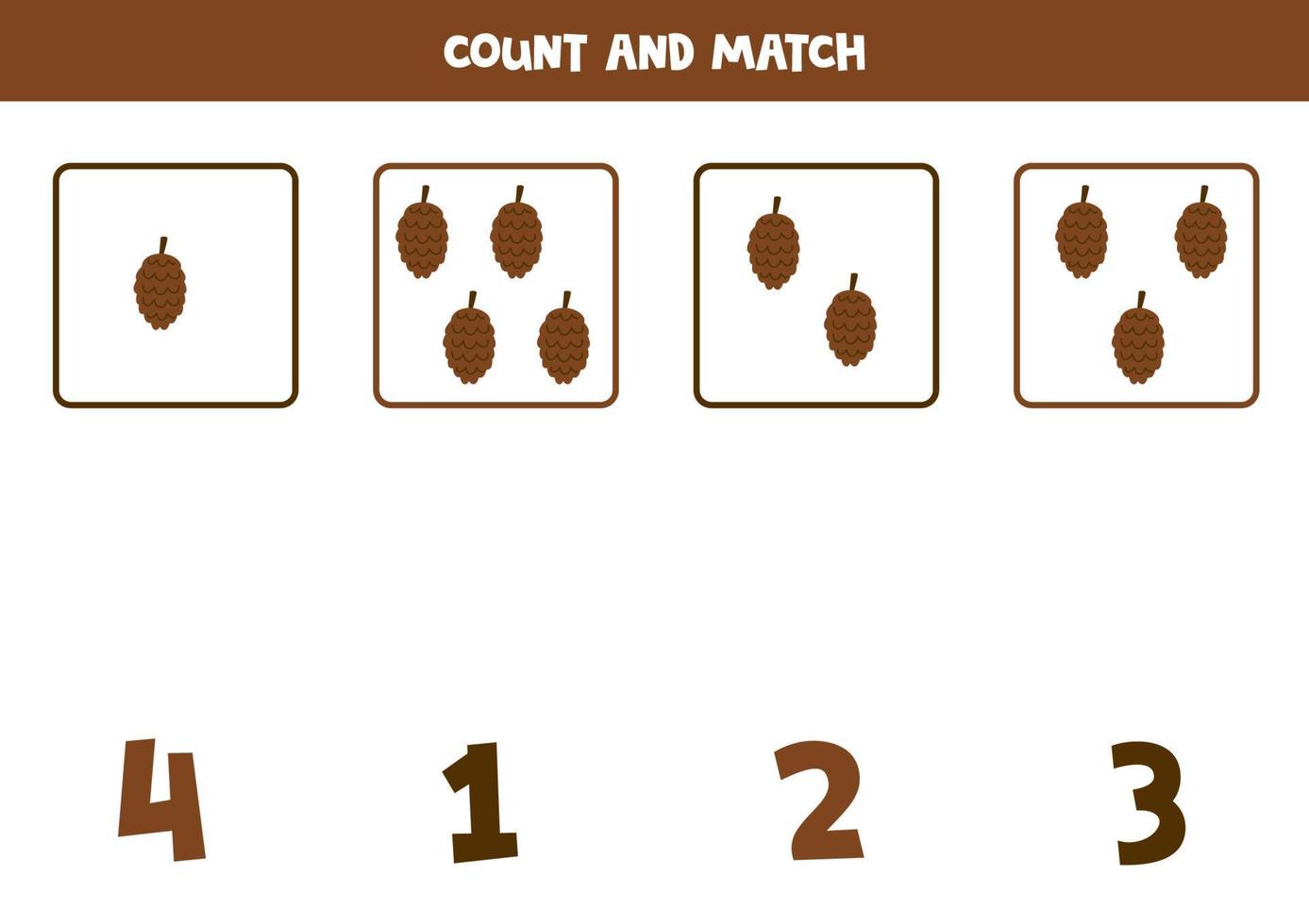 Counting game for kids. Count all pine cones and match with numbers. Worksheet for children. vector